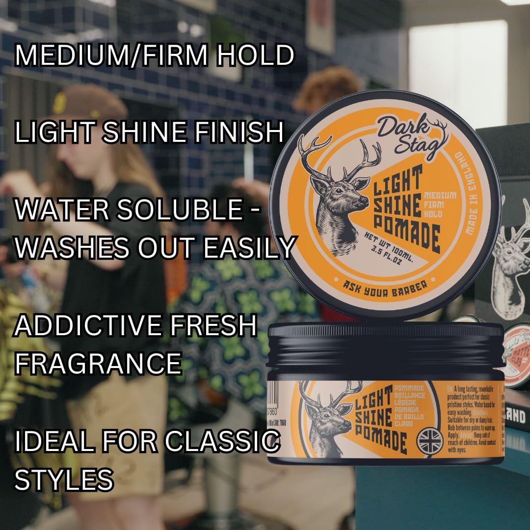 Dark Stag Light Shine Pomade, Medium Hold Hair Pomade For Men, Water Based Easy to Wash Hair Pomade, Sleek Traditional Styles, 100ml / 3.5oz