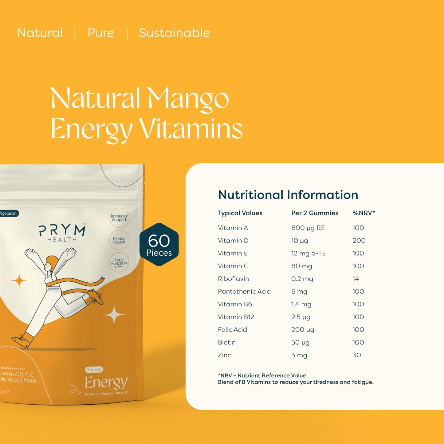 PRYM HEALTH Prym Health - Organic Mango Energy Vitamins 800mg - 60 Vegan Gummies (1 Month Supply/2 A Day) - Natural Energy Multivitamin - Supports Focus & Aids in Reducing Fatigue & Tireness - Non GMO