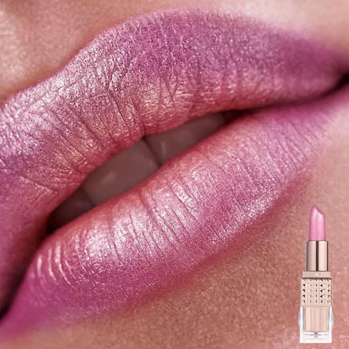 LYNTYAOU Shimmers Lipstick Pearl Pink Color Lip Stick, Glitter Metallic Bright Pink Lip Balm for Women, Silky Smooth Full-Coverage Lipsticks, Longlasting Pearlescent Light Pink Tinted for Women