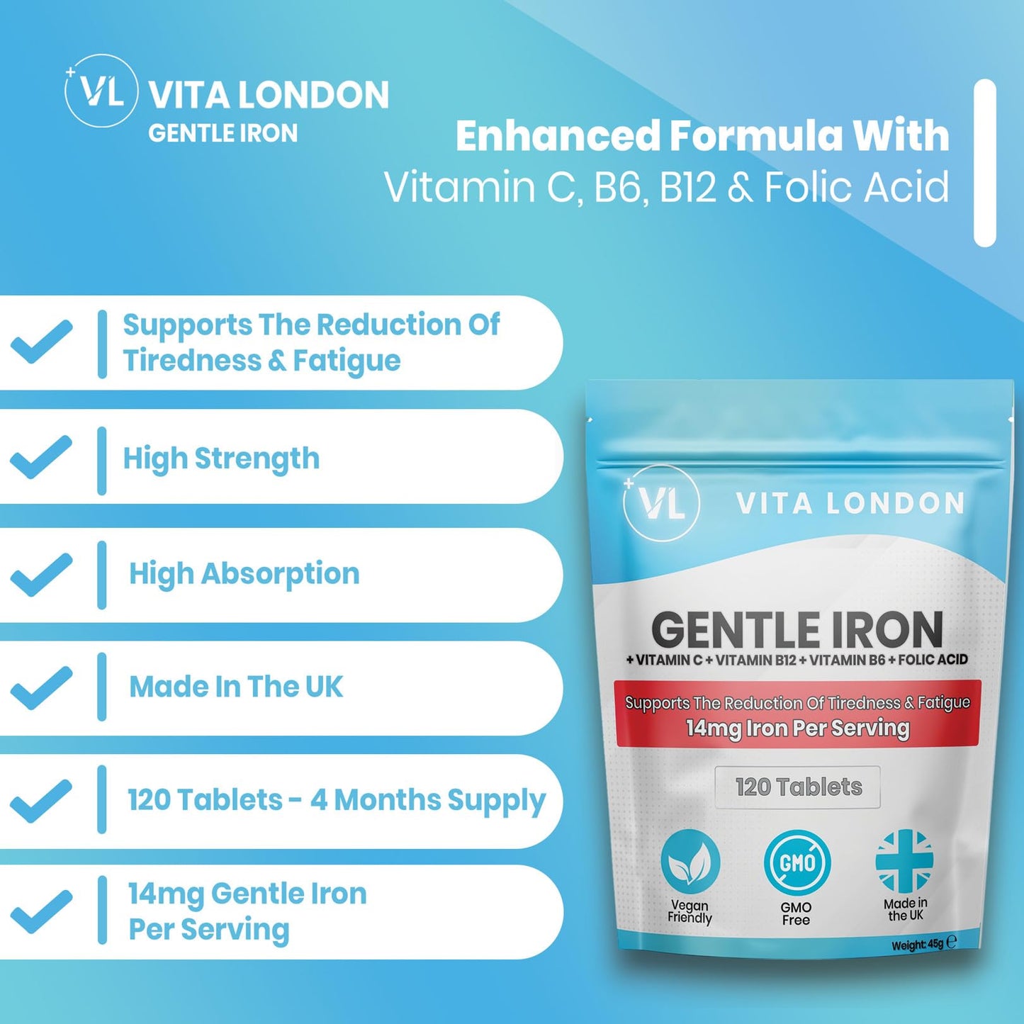 VL Vita London Iron Tablets | Gentle Iron Supplements for Women & Men | 360 Gentle Iron 14mg Tablets High Strength | Added Vitamin C, B12, B6 + Folic Acid | UK Made, Vegan