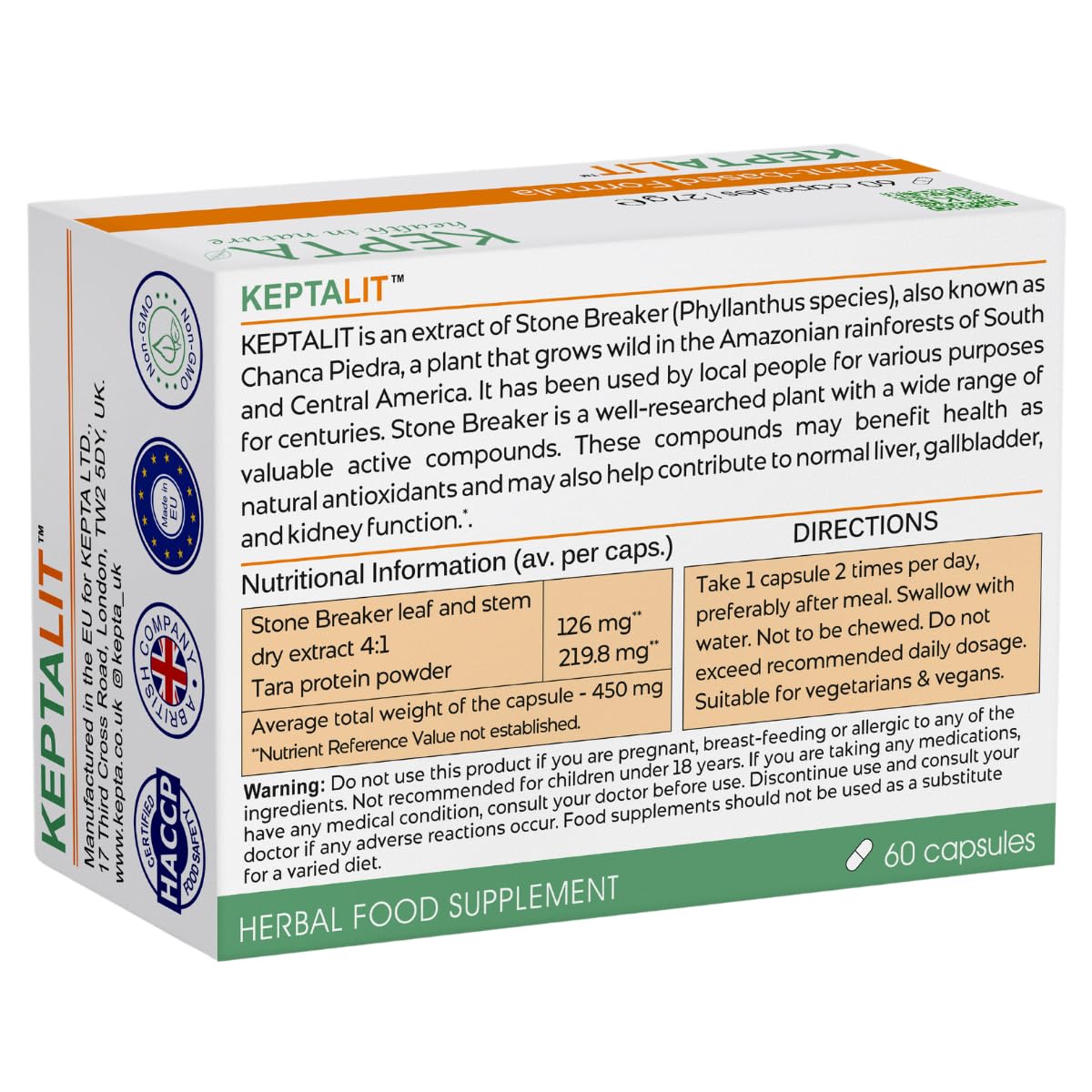 KEPTA health in nature KEPTALIT Natural Liver and Kidney Support Stone Breaker Extract Kidney Cleanse Herbal Supplement Source of Polyphenols - 60 Vegan Capsules - 1 Month Supply