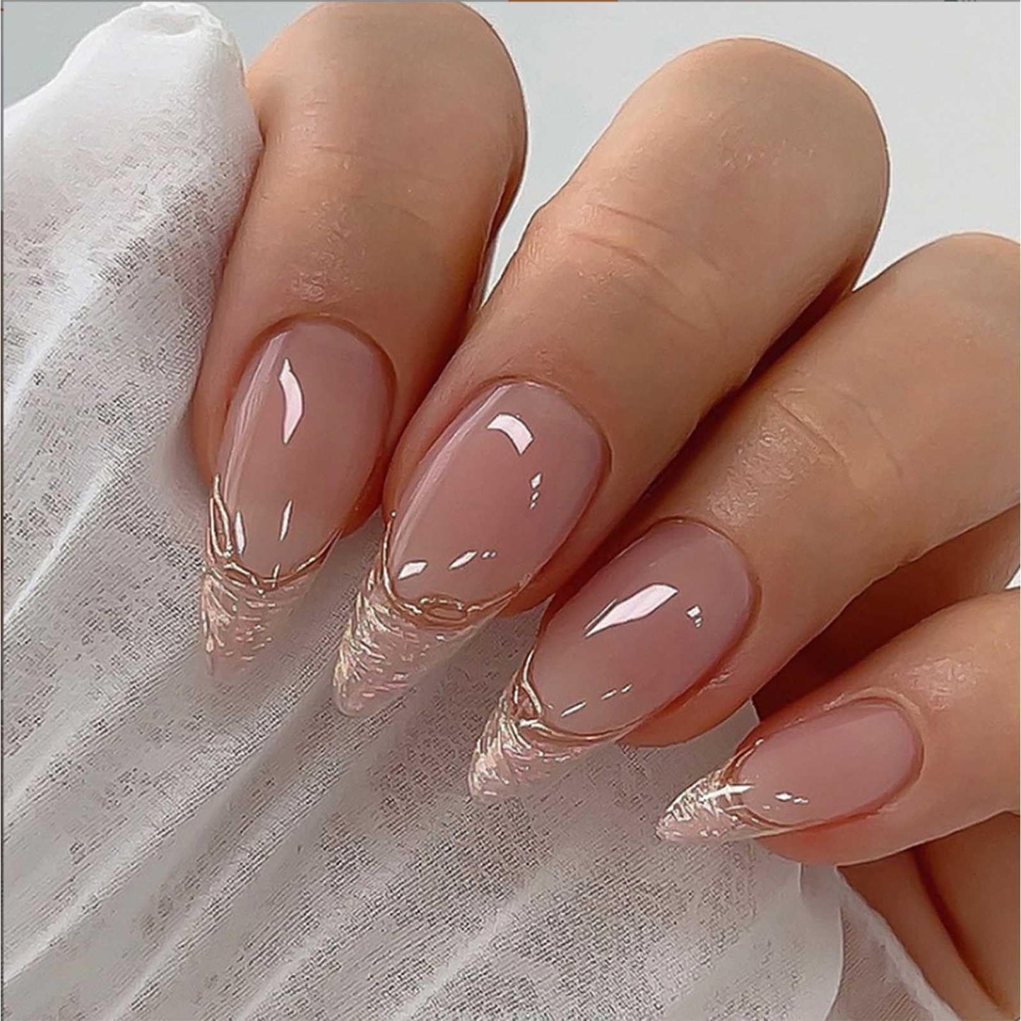 Generic 24Pcs Stiletto Press on Nails Long Almond Gold Lined Elegant & Chic Shiny with Accessory Tools, French Tip False Nails Fake Stick on False for Home Use (Stiletto Gold Shiny)