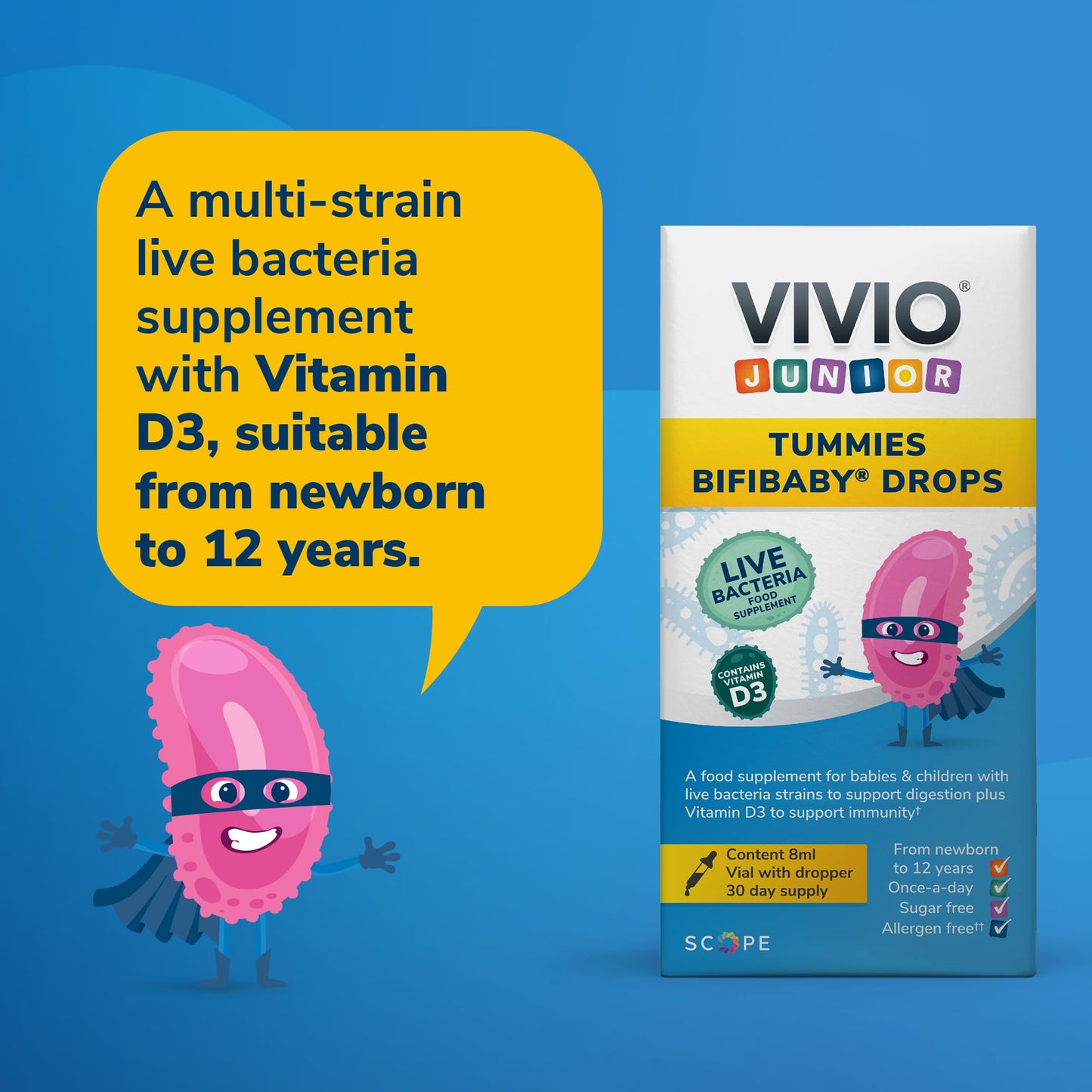 VIVIO JUNIOR Vivio Junior Tummies Bifibaby Drops - A Probiotic & Vitamin D3 Supplement for Babies & Children with Live Bacteria Strains to Support Gut Health and Immunity - 30 Day Supply
