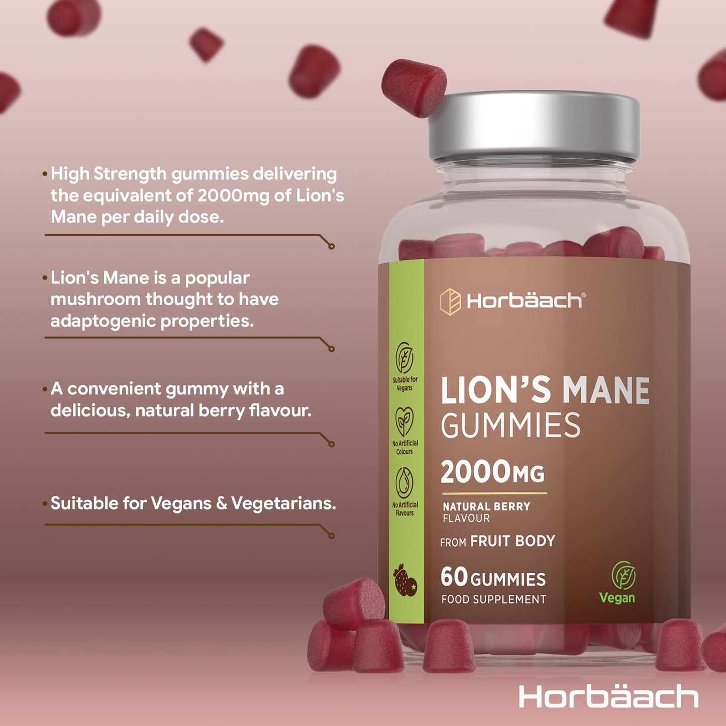 Horbäach Lions Mane Gummies 2000mg | High Strength Lions Mane Supplement | Mushroom Extract | Natural Berry Flavour | 60 Vegan Gummies | by Horbaach