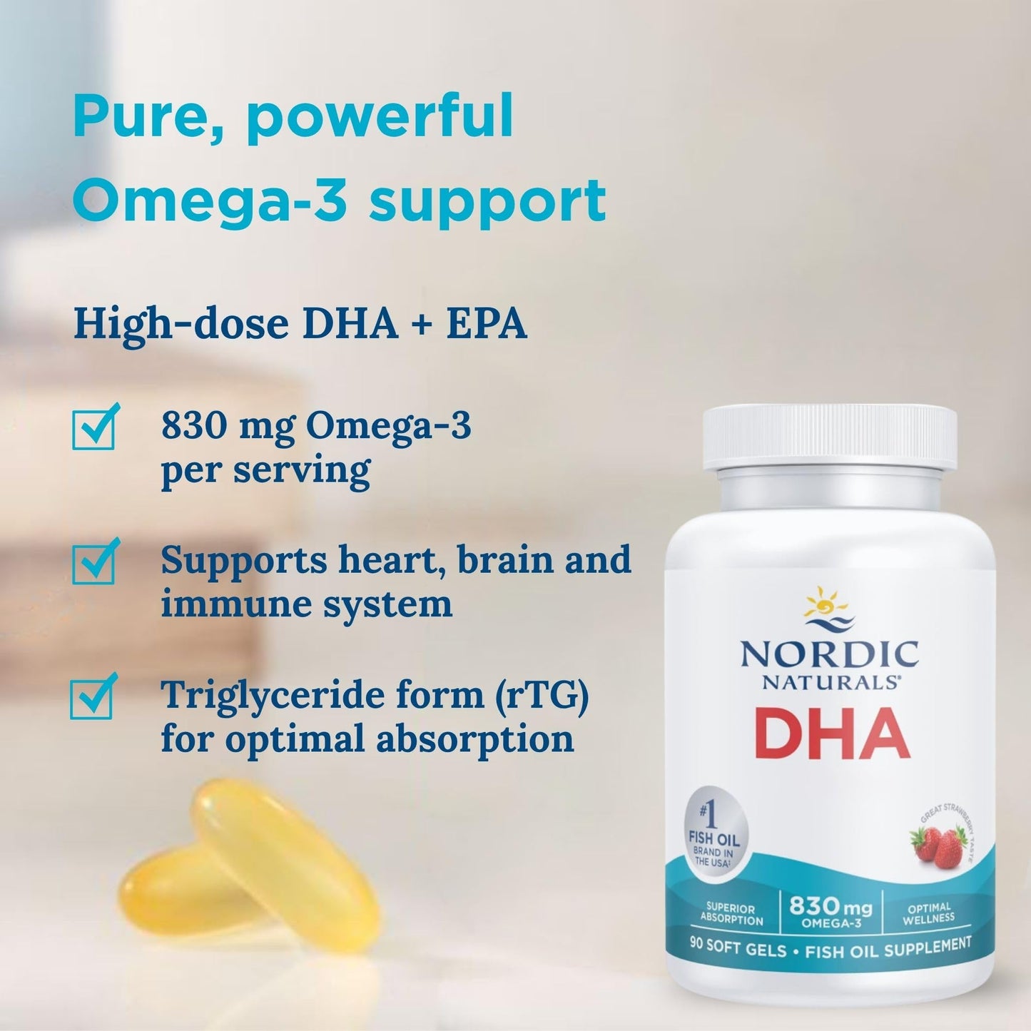 Nordic Naturals DHA, 830mg Omega 3 Capsules High Strength Omega 3 Fish Oil with EPA and DHA, Strawberry Flavour, 90 Softgels, Lab-Tested, Soy-Free, Gluten-Free