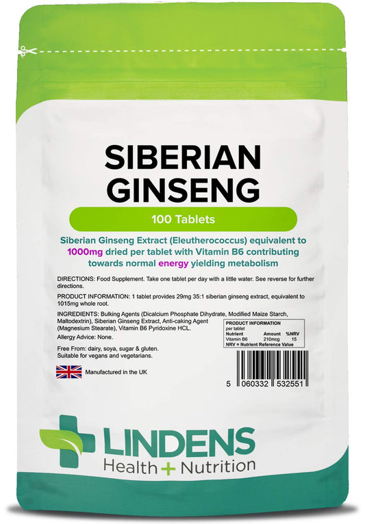 Lindens Siberian Ginseng Root 1000mg 2-Pack 200 Tablets with Vitamin B6 Eleutherococcus Potent