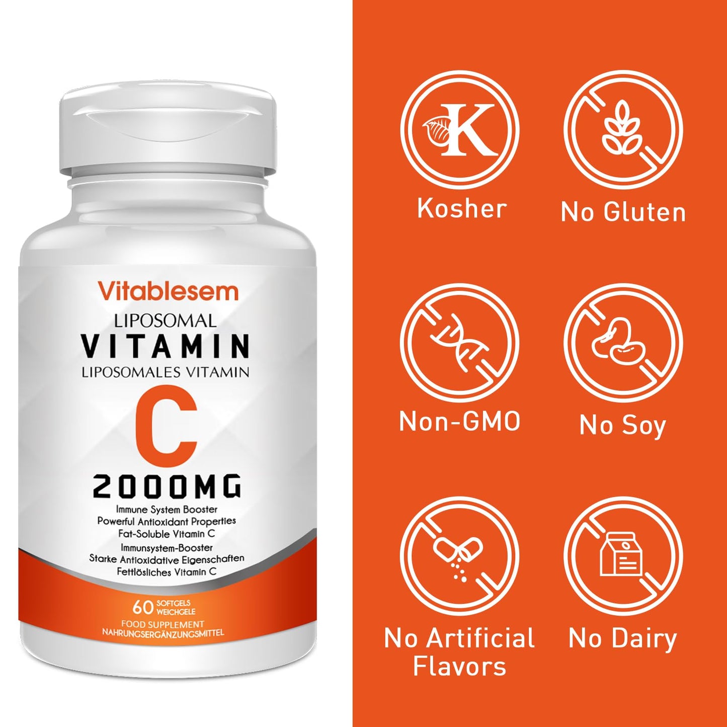 Liposomal Vitamin C Capsules 2000mg - High Strength Gluten Free & Ascorbic Acid - Immune Support Antioxidant Supplement - Non-GMO