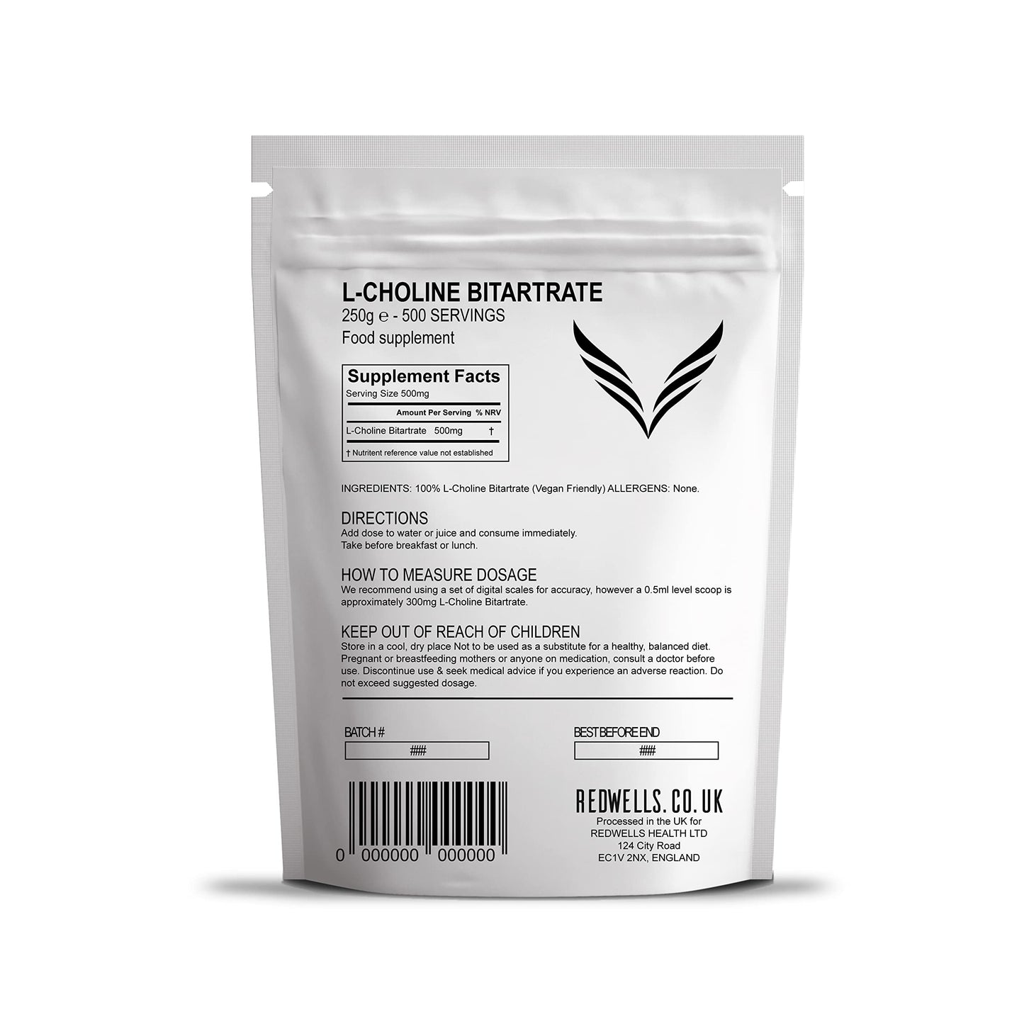 Choline Bitartrate Powder REDWELLS Cognitive Enhancer GMO Free Vegan - 250g Pack