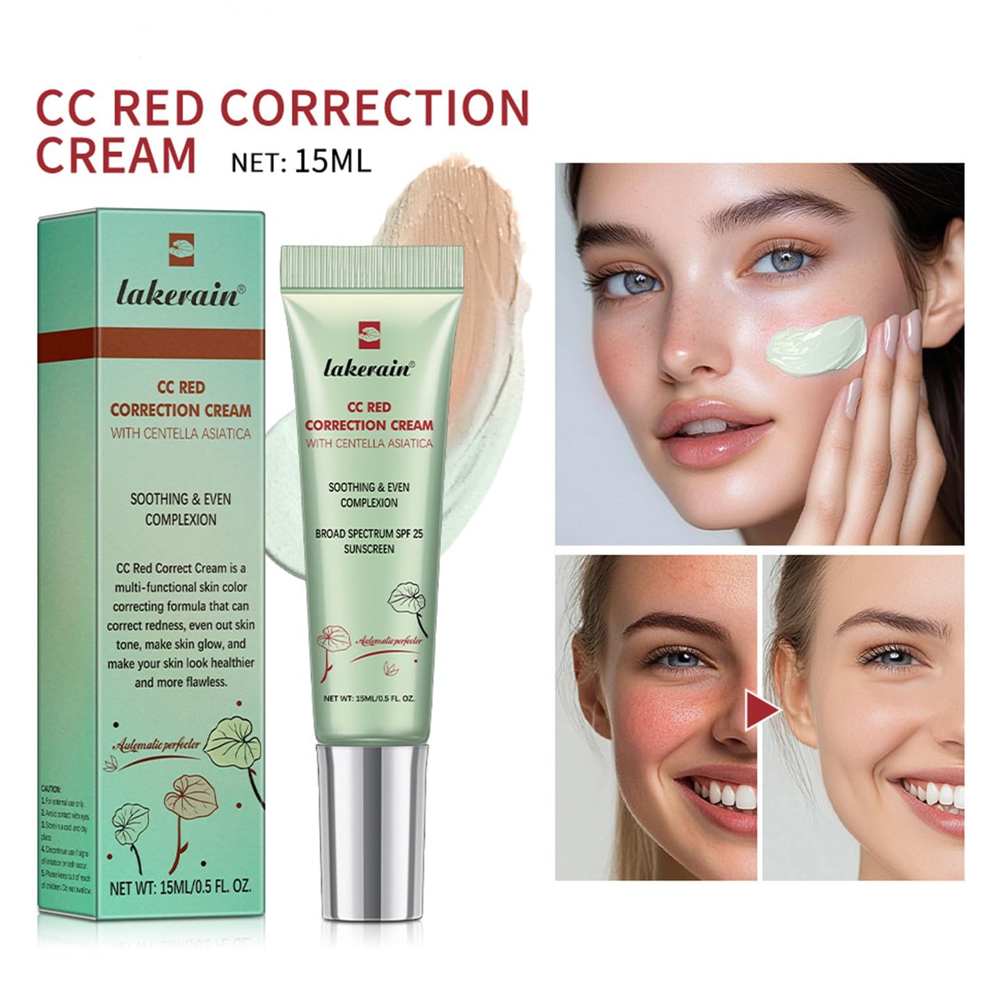 Shefave CC Red Correct With Centella Asiatica, Cc Cream Foundation - Green Colour Corrector, Tinted Spf 25, Colour Changing Foundation, Green Concealer For Redness - Balance Skin Tone & Reduce Redness