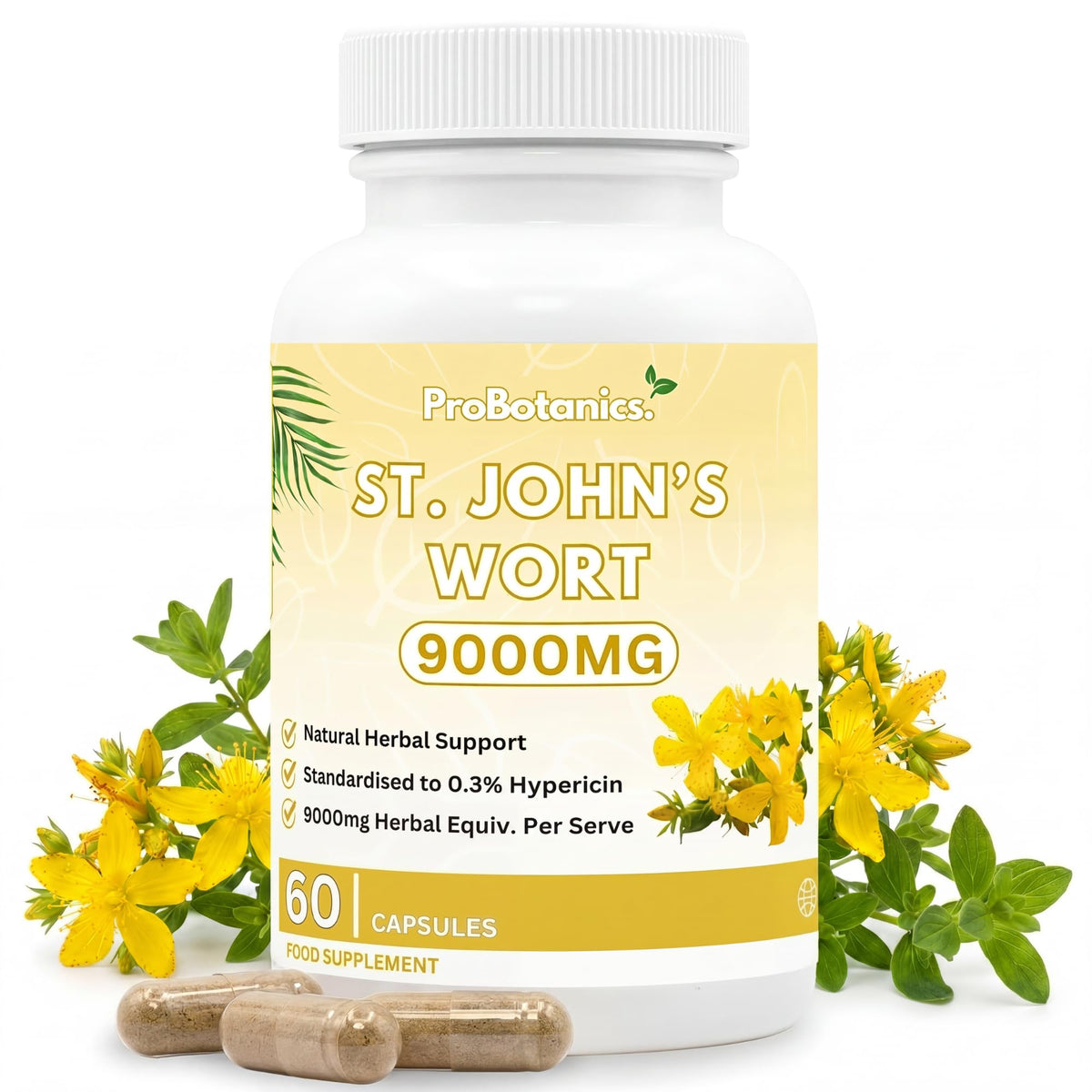 ProBotanics St John's Wort 900mg Maximum Strength | Standardised 0.3% Hypericin Extract | High-Strength Herbal Supplement for Emotional Wellbeing | 60 Vegan Capsules