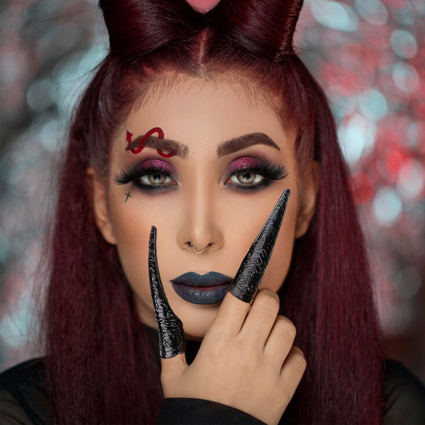 NICENEEDED 20 Pcs Long Finger Claws Fake Nail Rings, Black Fingernail Rings Claw, Knuckle Protectors Fingertip Extension Halloween Vampire Nails for Cosplay Drama Belly Dance Show