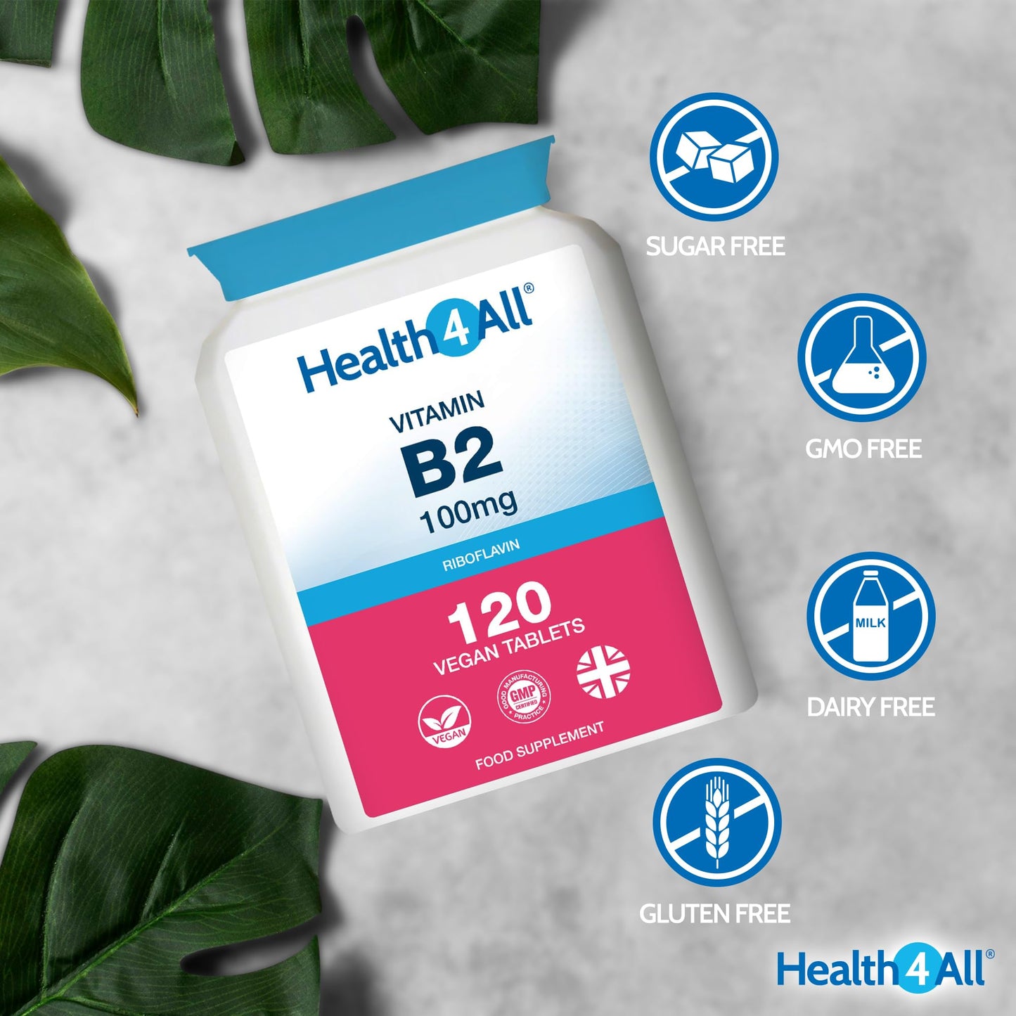 Vitamin B2 Riboflavin 100mg 120 Tablets - Energy, Stress and Migraine Support, Contributes to Reduction of Tiredness & Fatigue, Vegan, Gluten-Free Supplement | Made in UK by Health4All