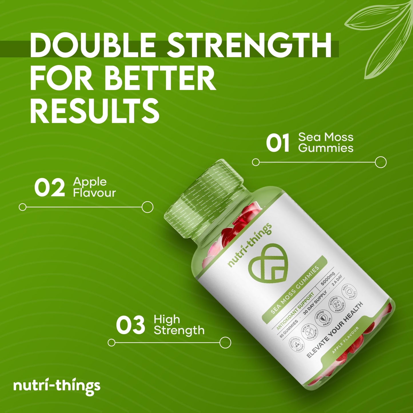Nutri-things Sea Moss Gummies - Premium 5000mg Complex, Antioxidant & Immune Support with Vitamin C & D, Natural Apple Flavor, Strict Quality Standards, Convenient 30-Day Supply