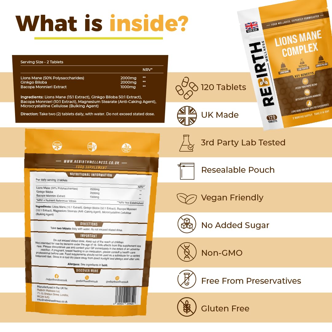 REBIRTH WELLNESS BE YOURSELF | ONLY BETTER Lions Mane Supplement - 2000 mg Lion's Mane (50% Polysaccharides), 2000 mg Ginkgo Biloba & 1000 mg Bacopa Monnieri - Nootropics Supplement - 120 Small Vegan Tablets - UK Made - 3rd Party Lab Tested