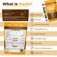 REBIRTH WELLNESS BE YOURSELF | ONLY BETTER Lions Mane Supplement - 2000 mg Lion's Mane (50% Polysaccharides), 2000 mg Ginkgo Biloba & 1000 mg Bacopa Monnieri - Nootropics Supplement - 120 Small Vegan Tablets - UK Made - 3rd Party Lab Tested