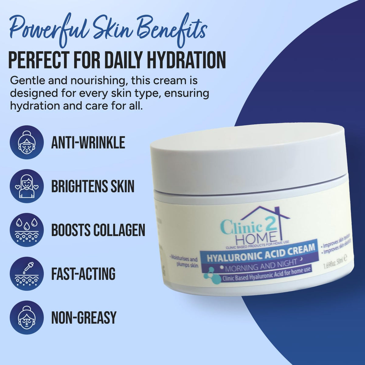 Clinic2Home Hyaluronic Cream - 50g - Anti Wrinkle Night & Day Face Hyaluronic Cream for Woman & Men Fast-Acting - Brighten Skin, Boost Collagen, Reduce Fine Lines & Firming Moisturiser for Face