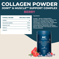 Kinetica Collagen Powder Joint & Muscle Support Complex FORTIGEL Bovine Collagen peptides, 320mg Vitamin C, 5μg Vitamin D, 100mg Hyaluronic Acid, 500mg Glucosamine Sulphate, Berry Flavour, 350g