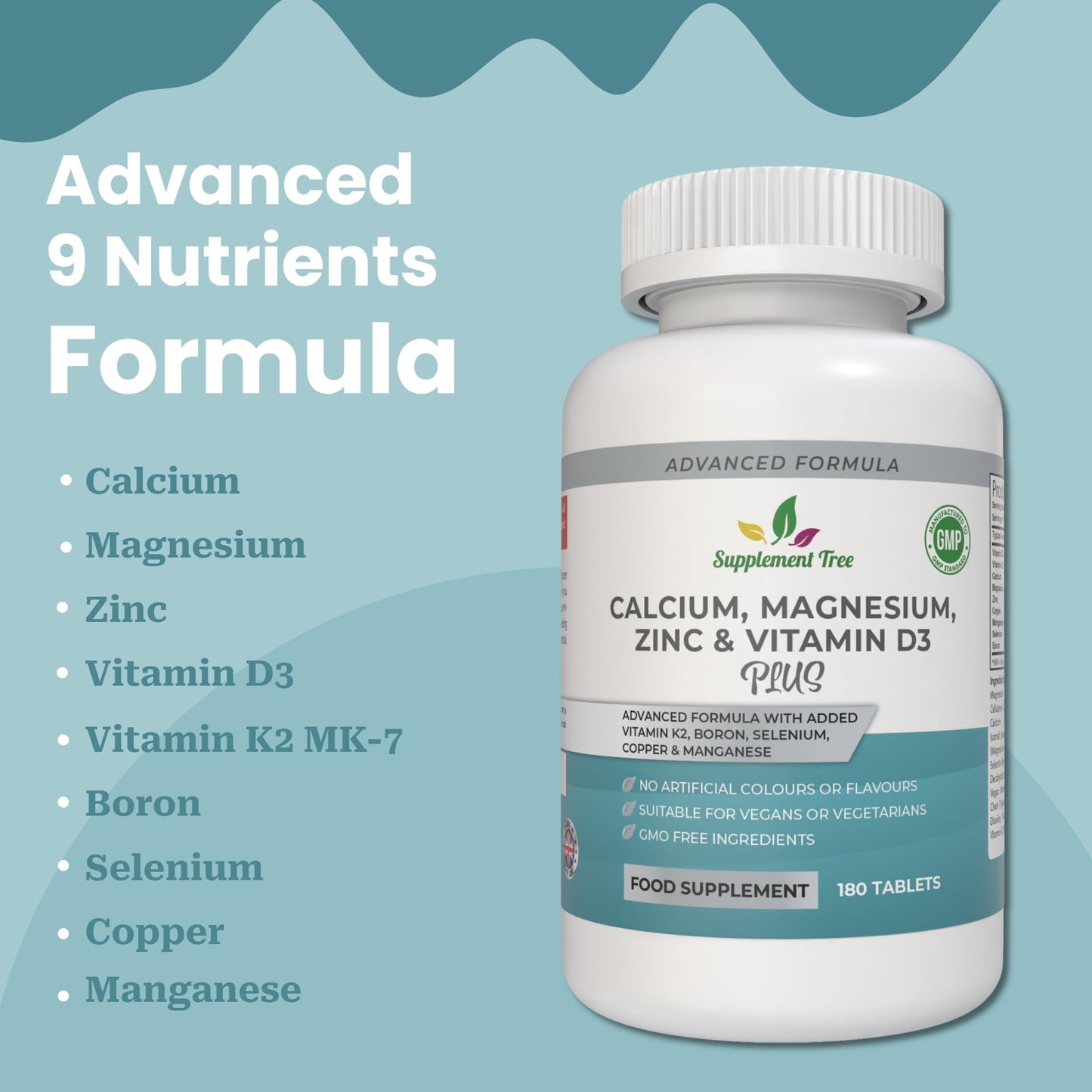 Supplement Tree Calcium Magnesium Zinc and Vitamin D Plus Vitamin K2 MK-7 Supplement - 180 Vegan Tablets - High Strength Calcium Tablets Complex with Vitamin K2 Copper Manganese Selenium & Boron - UK Made