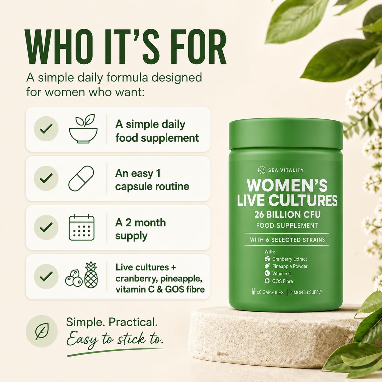 Sea Vitality Women's Live Cultures Food Supplement - 26 Billion CFU, 6 Selected Strains with Cranberry Extract, Pineapple Powder, GOS & Vitamin C - 60 Capsules, 1-a-Day Formula for Women, 60 Day Supply