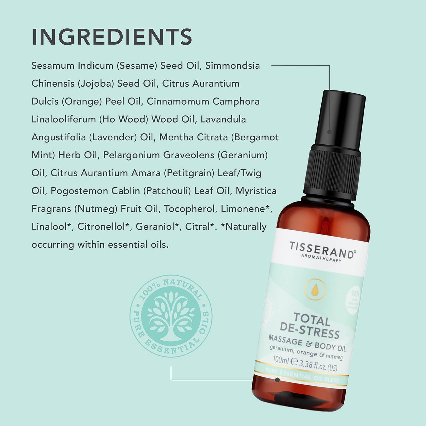 Tisserand - Total De-Stress - Massage & Body Oil - Orange, Geranium, Nutmeg Essential Oil - 100% Natural Pure Essential Oils - 100ml