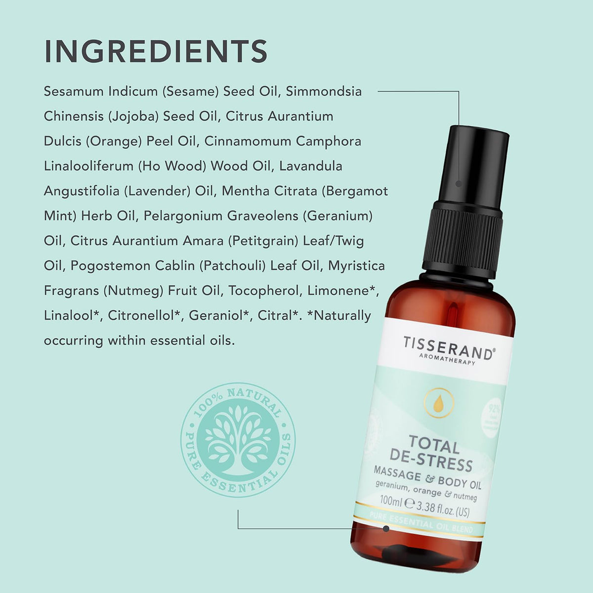 Tisserand - Total De-Stress - Massage & Body Oil - Orange, Geranium, Nutmeg Essential Oil - 100% Natural Pure Essential Oils - 100ml