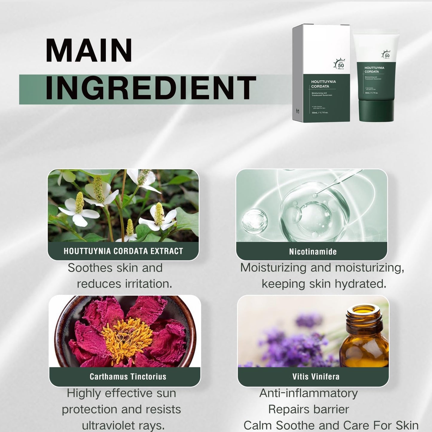 Tianyue Heartleaf Silky Sunscreen Spf 50+++,Korean face moisturizer&Translucent Sunscreen,Lightweight Face Sun Cream,Spf 50 face Moisturiser -Broad Spectrum UV Protection,Non-Greasy, No White Cast 50mL.