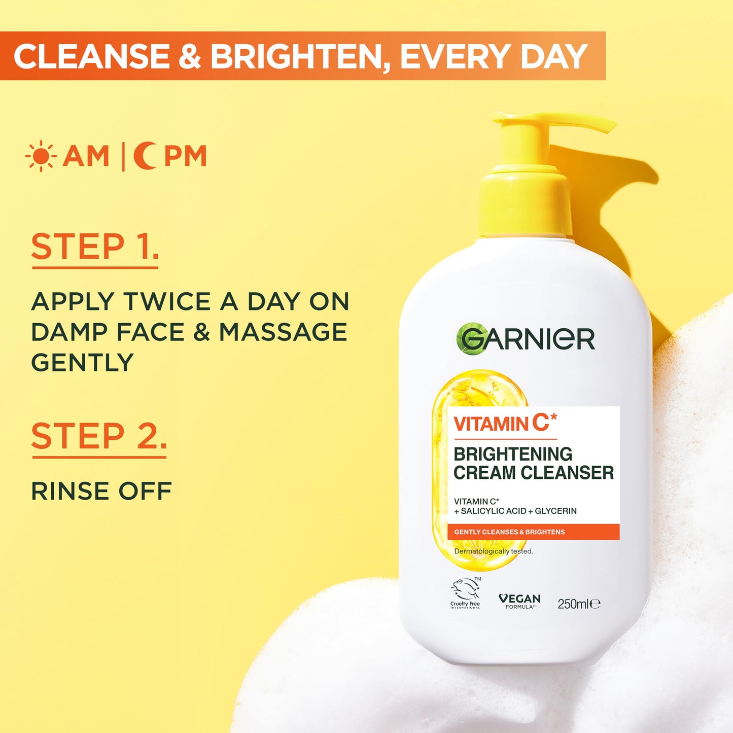 Garnier Vitamin C* Brightening Cream Cleanser, Removes Make-up, 250ml