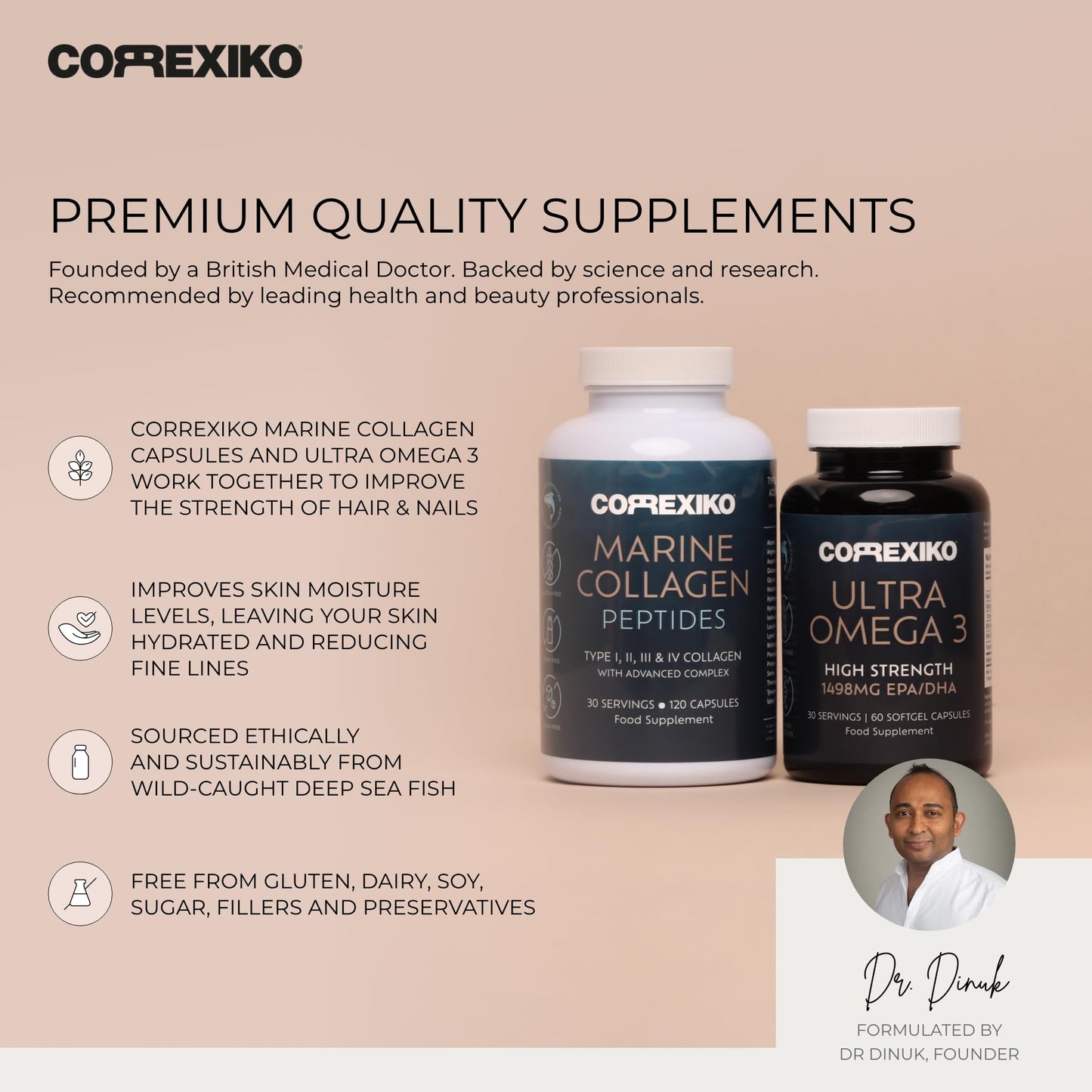 CORREXIKO Marine Collagen Capsules & Ultra Omega 3 Supplement Bundle - 2000mg Hydrolysed Collagen Peptides with Vitamins - High Strength Omega 3 Capsules - for Hair, Skin & Nails - 30 Day Supply