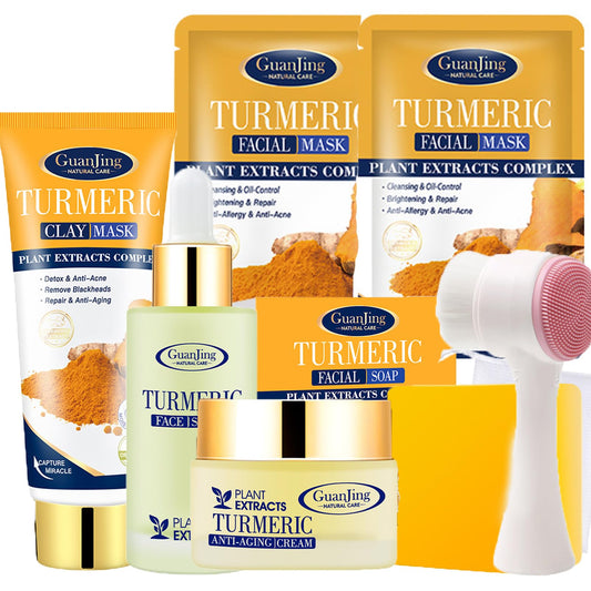 Turmeric Skincare Set For Anti-Aging Skin,7PCS Turmeric Skincare Set for Teenagers Girls with Facial Serum & Face Cream & Soap & Mud Mask & 2PCS Face Mask & Facial Brush,Remove Blackhead & Soften