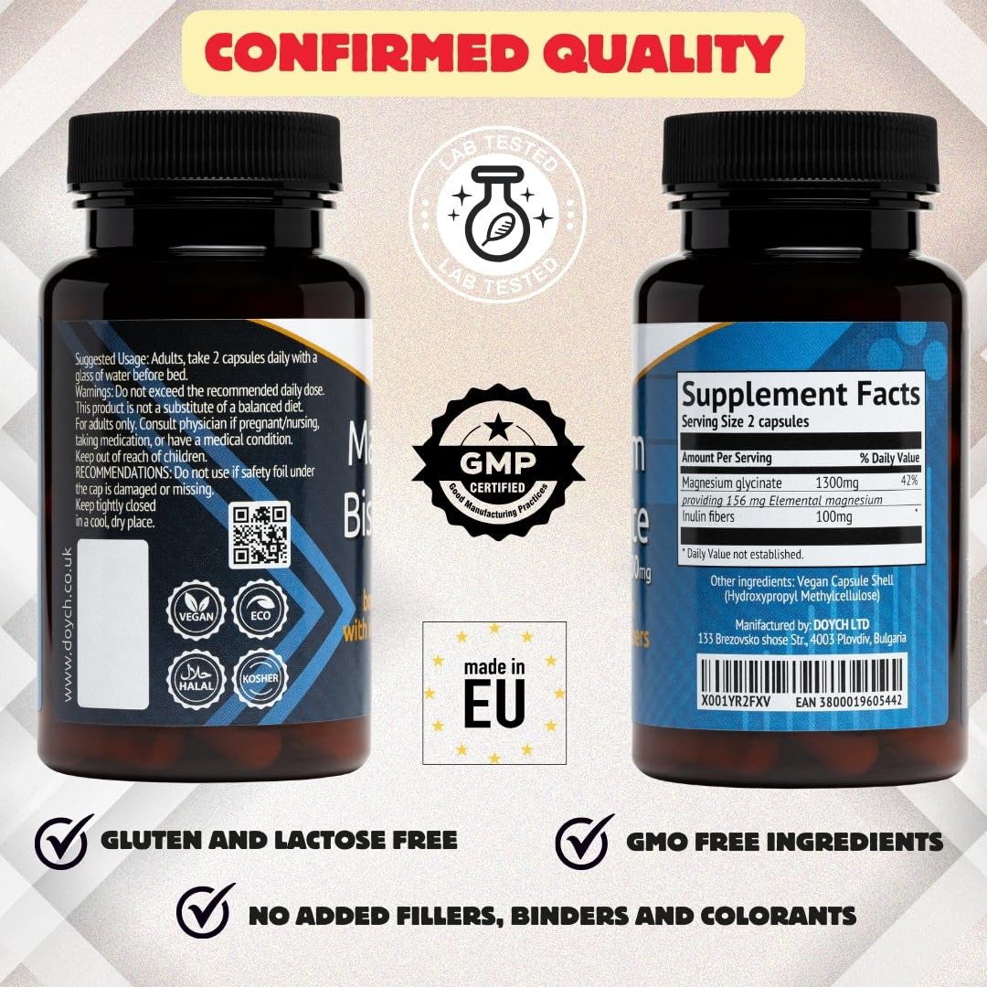 Pure Magnesium Bisglycinate Capsules 1300 mg - Boosted with Prebiotic Inulin Fibers - Highly Absorbable Magnesium Supplements - Gentle on The Digestive System Magnesium Glycinate Powder in Capsules