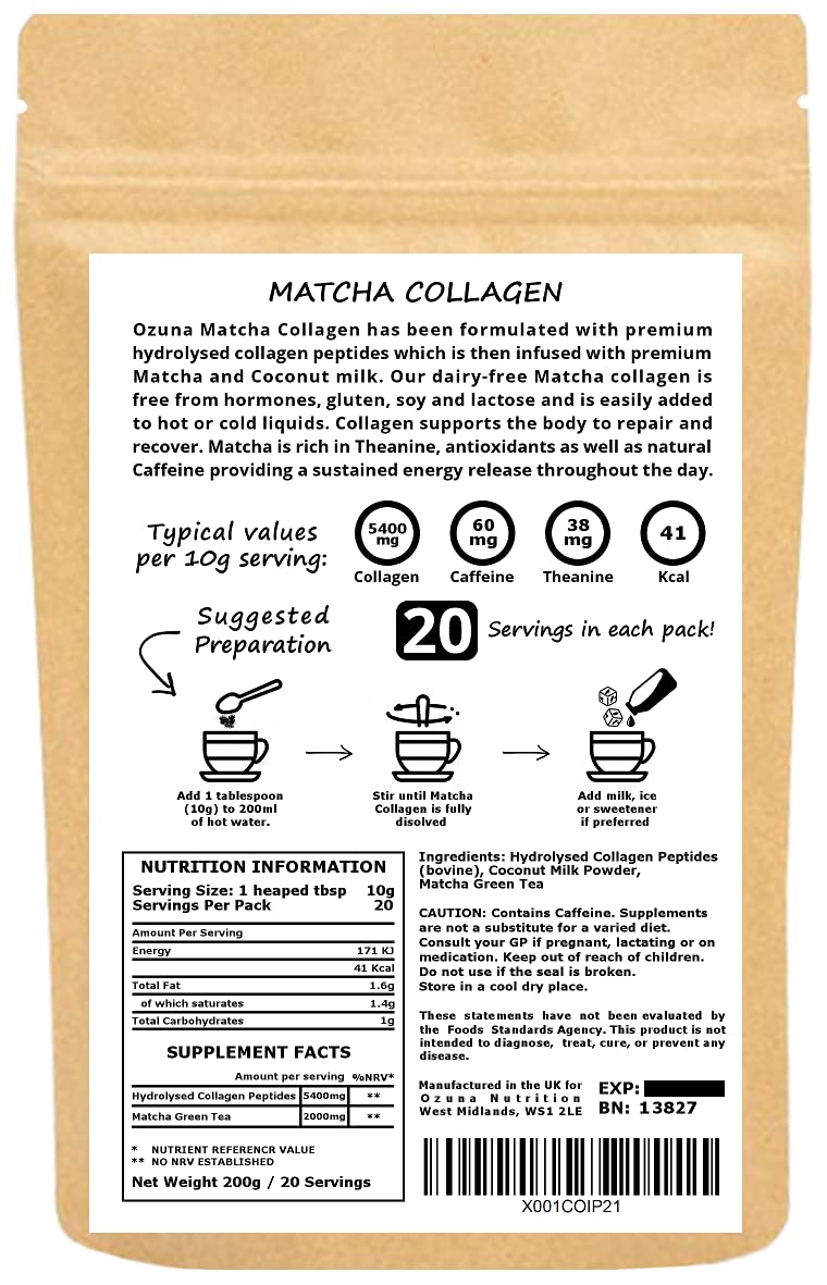 OZUNA NUTRITION Matcha Collagen Powder with L-Theanine & Natural Caffeine | Gluten & Dairy Free | Matcha Green Tea with Collagen Peptides, 200g