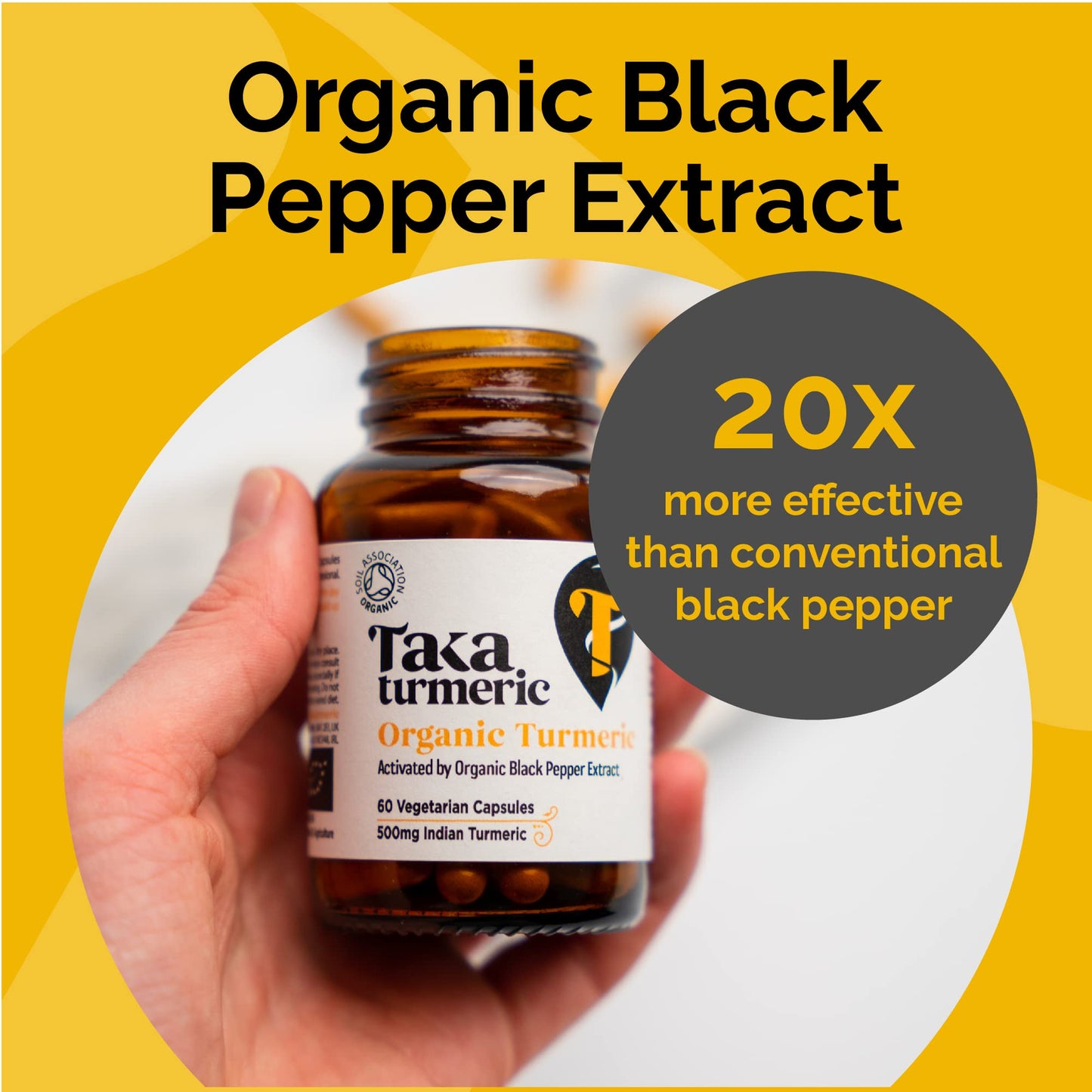 Taka Turmeric, 60 Caps Organic Turmeric with Black Pepper Extract Tumeric Curcumin Supplement, High Strength Tumeric Capsules with Curcumin and Black Pepper, Vegan, Recyclable Packaging