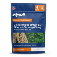 Zipvit Ginkgo Biloba 6000mg & Siberian Ginseng 600mg with Vitamins B3 & B5 Pouch, 120 Vegan Tablets, Supports Energy & Mental Performance, 4 Month Supply