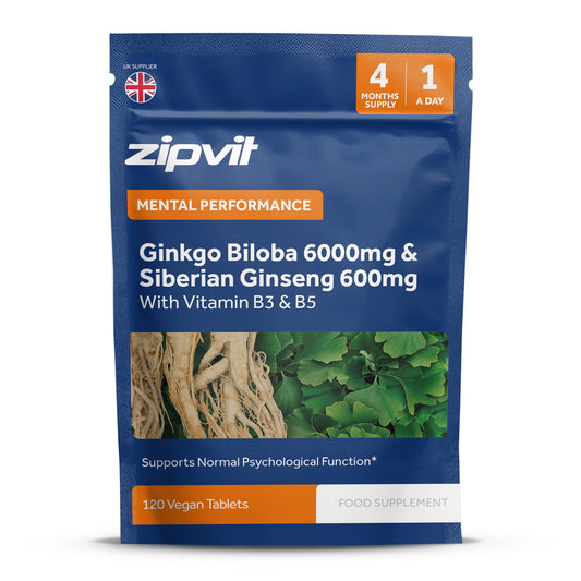 Zipvit Ginkgo Biloba 6000mg & Siberian Ginseng 600mg with Vitamins B3 & B5 Pouch, 120 Vegan Tablets, Supports Energy & Mental Performance, 4 Month Supply