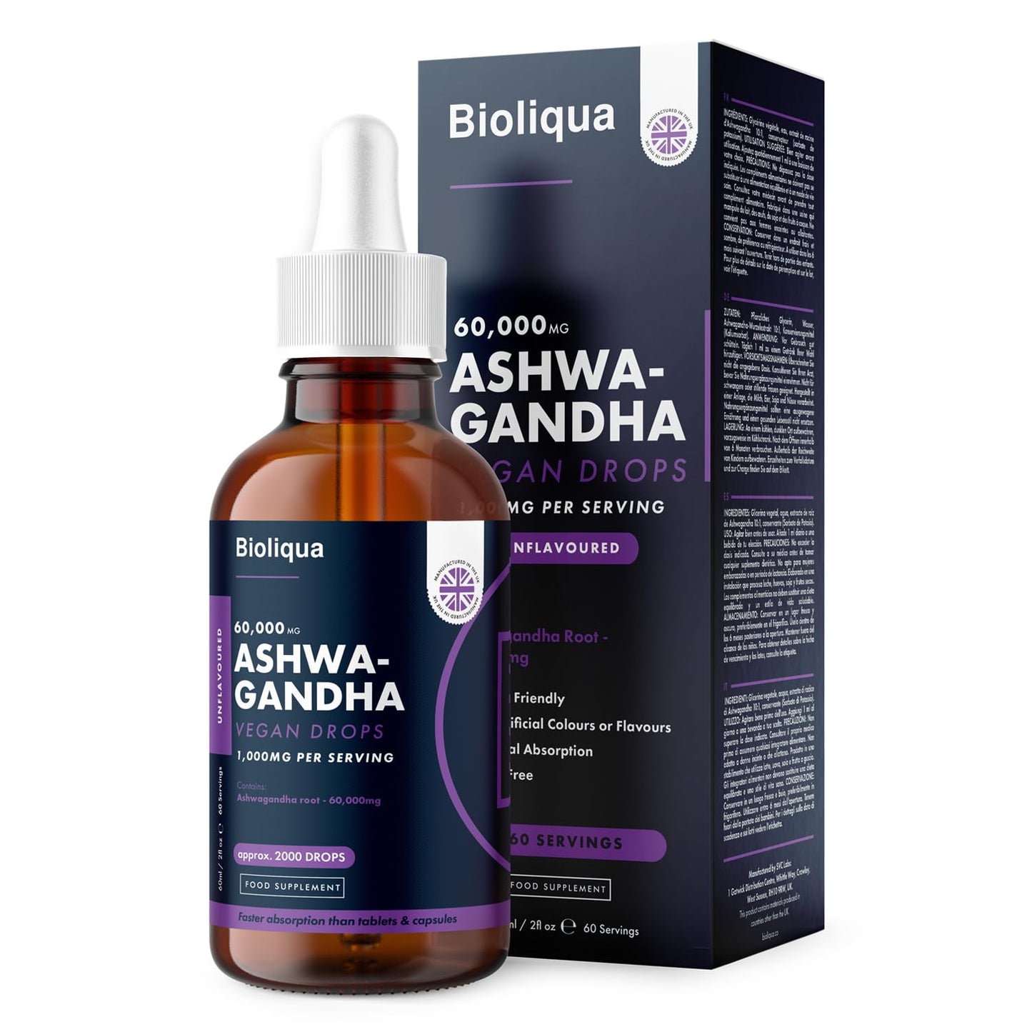 Ashwagandha Supplement Liquid Drops - High Strength of 60,000mg per 60ml Bottle at 4X Concentration - Vegan - 2 Month Supply of Premium Ashwagandha Extract - 60 Servings - Made in UK by Balance