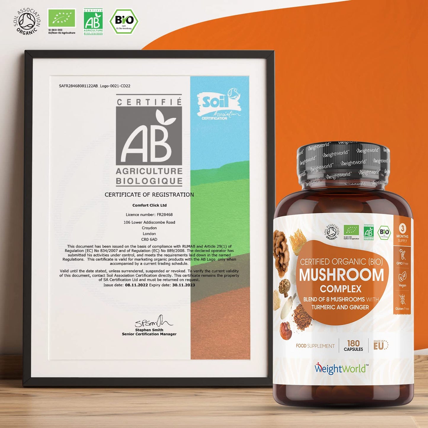 Organic Mushroom Complex 8-180 Capsules - 1000mg - Lion's Mane and 7 Mushroom Blends (Reishi, Chaga, Cordyceps, Shitake, Oyster, Maitake & Coprius) - Added Turmeric & Ginger - Vegan Capsules