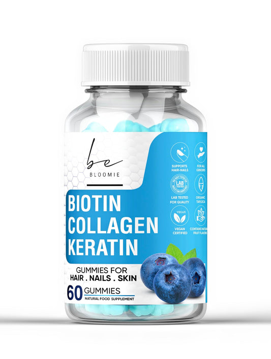 BeBloomie Biotin Collagen Keratin - Premium Supplement for Women and Men - Vitamins for Hair, Skin and Nails - 60 Gummies