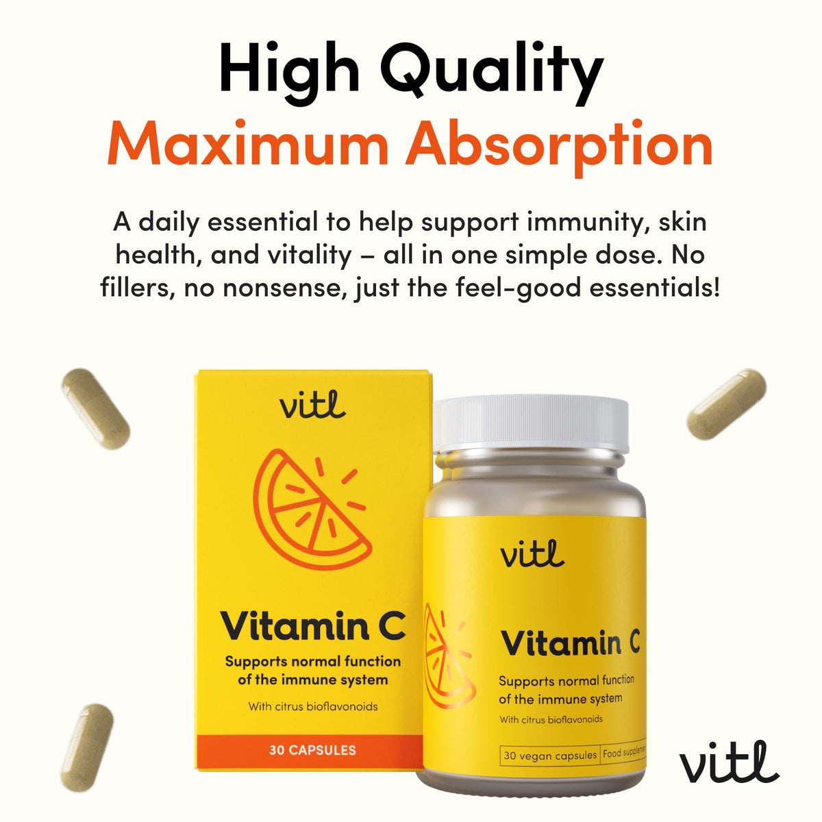 VITL Vitl Vitamin C 500mg Supplement - 30 Vegan Easy to Swallow Capsules - Support Normal Functioning of the Immune System - 1 Month Supply