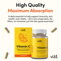 VITL Vitl Vitamin C 500mg Supplement - 30 Vegan Easy to Swallow Capsules - Support Normal Functioning of the Immune System - 1 Month Supply