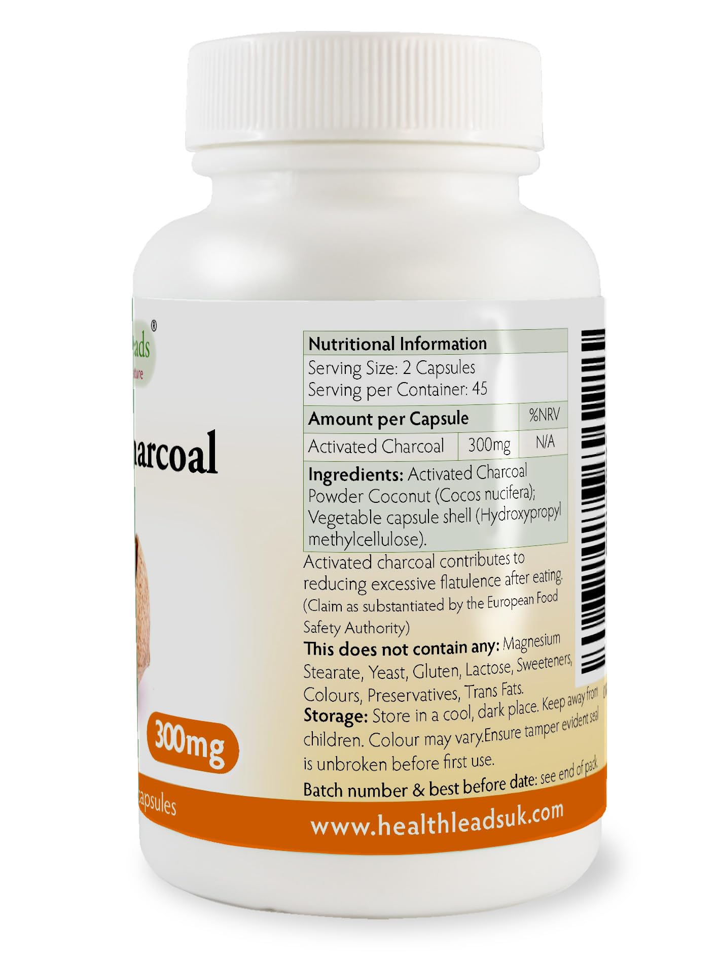 Health Leads ...Working With Nature Activated Coconut Charcoal 300mg x 90 Capsules (Cocos nucifera), 100% Natural, High Absorbency, Vegan, Magnesium Stearate Free & No Nasties, Made in Wales