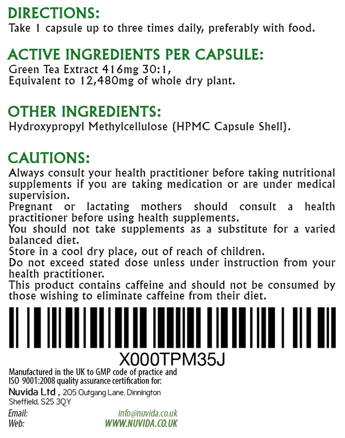 NUVIDA NATURAL HEALTH Green Tea Capsules - 90 High Strength Green Tea Extract Capsules - A Natural Green Tea Supplement and Powerful Antioxidant - Vegan and Vegetarian Friendly