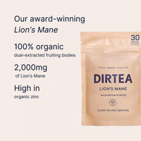 DIRTEA Lions Mane Mushroom Powder | 100% Organic | Vegan | Non GMO | Cognitive Function Support and Memory Booster Nootropic - Premium Lion's Mane Extract | Pouch 60g - 30 Day Serving