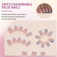 Generic 24Pcs Short Almond French Press on Nails with Glitter Hearts and Sparkling Design, Nude Pink and Blue Accents, for Manicure and Nail Art