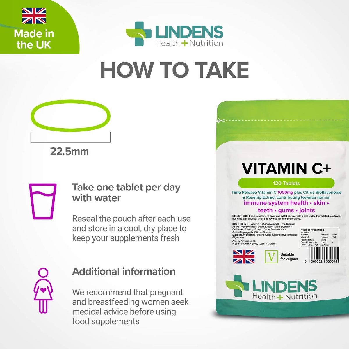 Lindens Vitamin C+ 1000mg - 120 Tablets - Time Release Tablets with Citrus Bioflavonoids and Rosehip - Contributes to Immune System Health, Reduces Tiredness and Supports Healthy Skin and Teeth