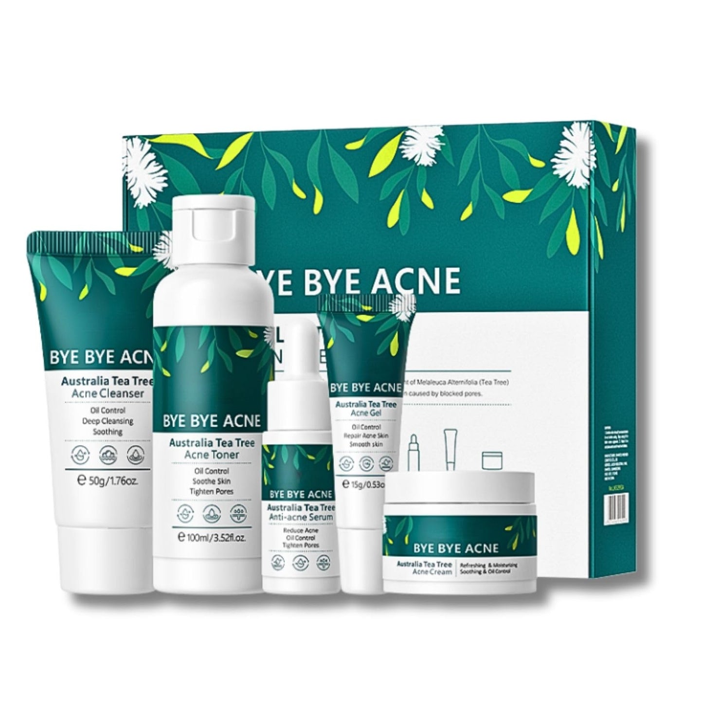 Tea Tree Acne Skincare Set for Teenage Girls & Women - Facial Kit with Cleanser, Toner, Serum, Cream & Gel - Acne Treatment, Oil Control & Pore Minimising - Beauty Gift Set for Women