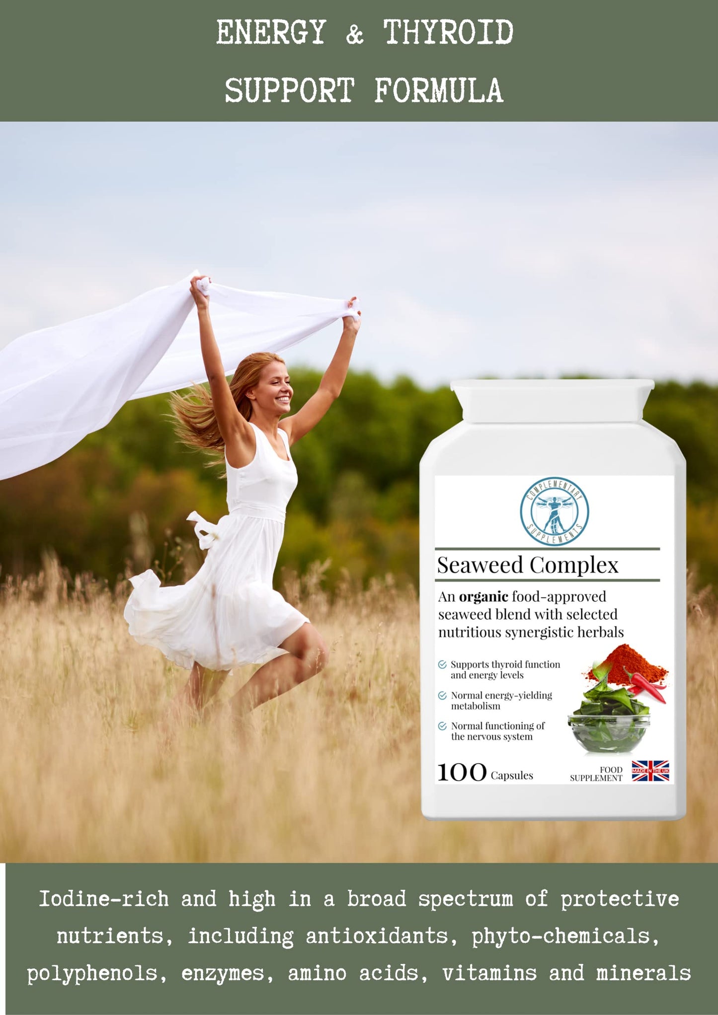 Complementary Supplements - Organic Seaweed Complex - Herbal Thyroid Health Support - Fucus Vesiculosus Bladderwrack, Kelp, Spirulina, Chlorella, Ashwagandha | 100 Capsules