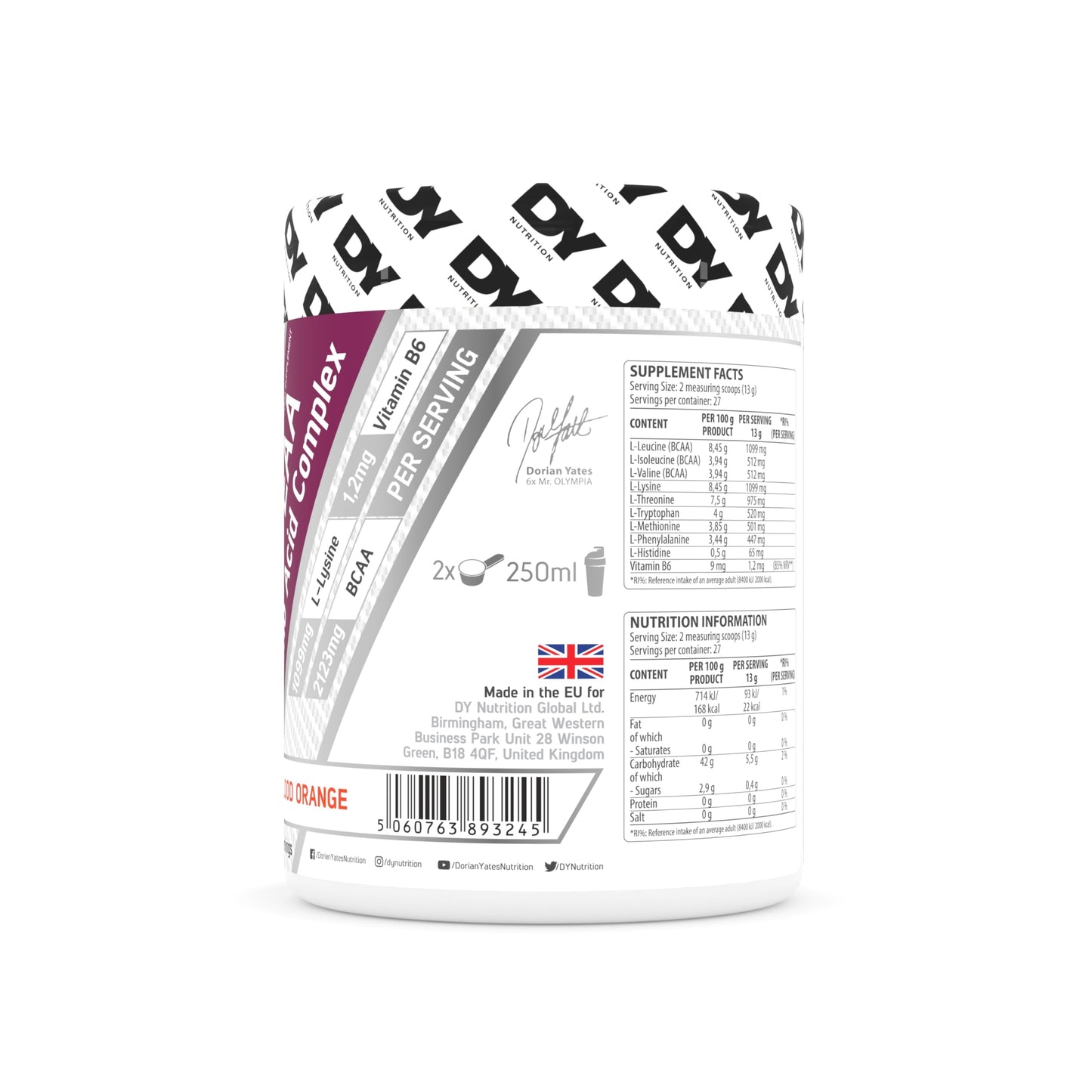 DY Nutrition HIT EAA - Essential Amino Amino Acids Complex 360g, (Blood Orange) with L-Lysine, Vitamin B6 & BCAAs