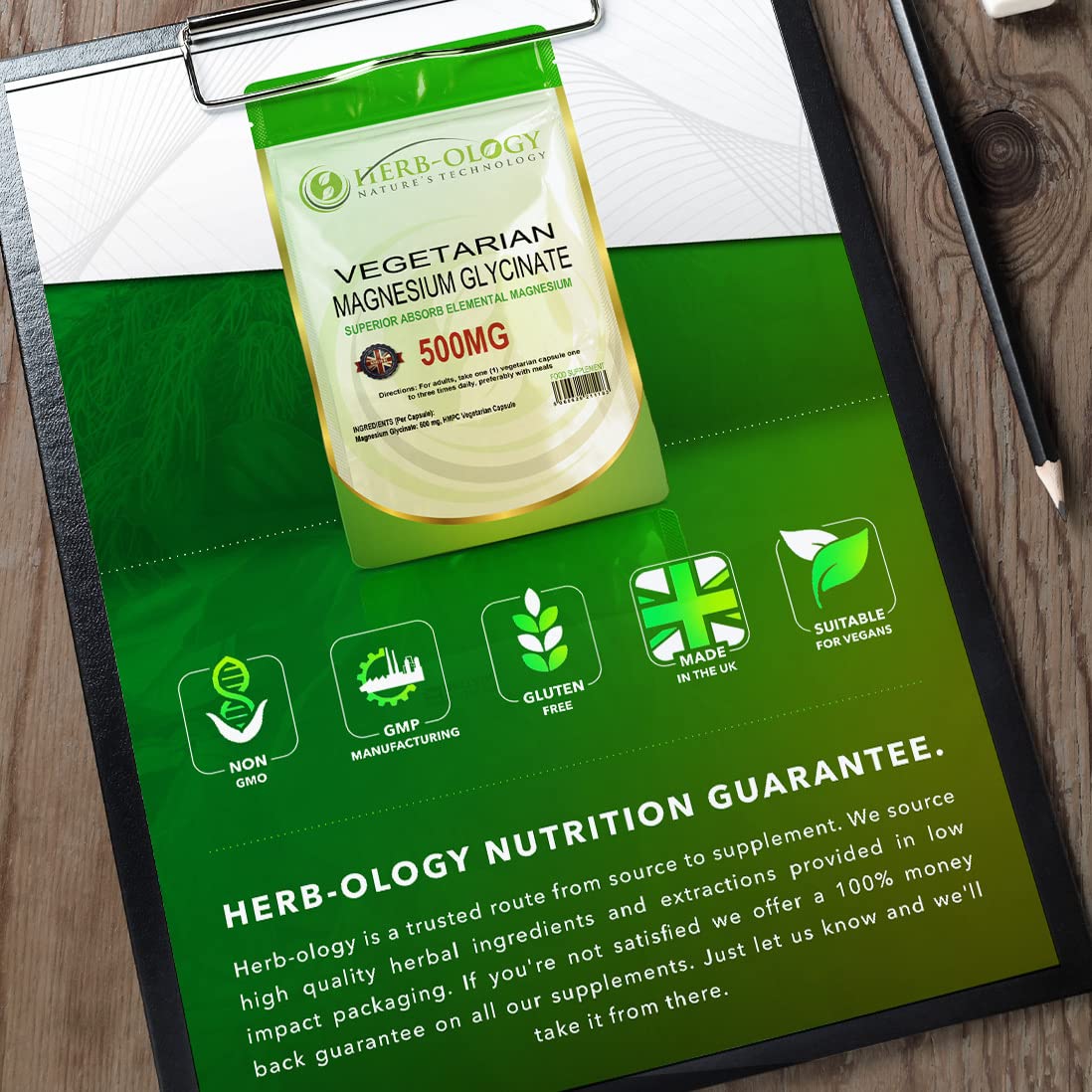 Herb-Ology Magnesium Glycinate Capsules | 120 Vegan Capsules | Magnesium Supplements | 500mg per Capsule | Highly Bioavailable, Dairy Free & Manufactured in The UK