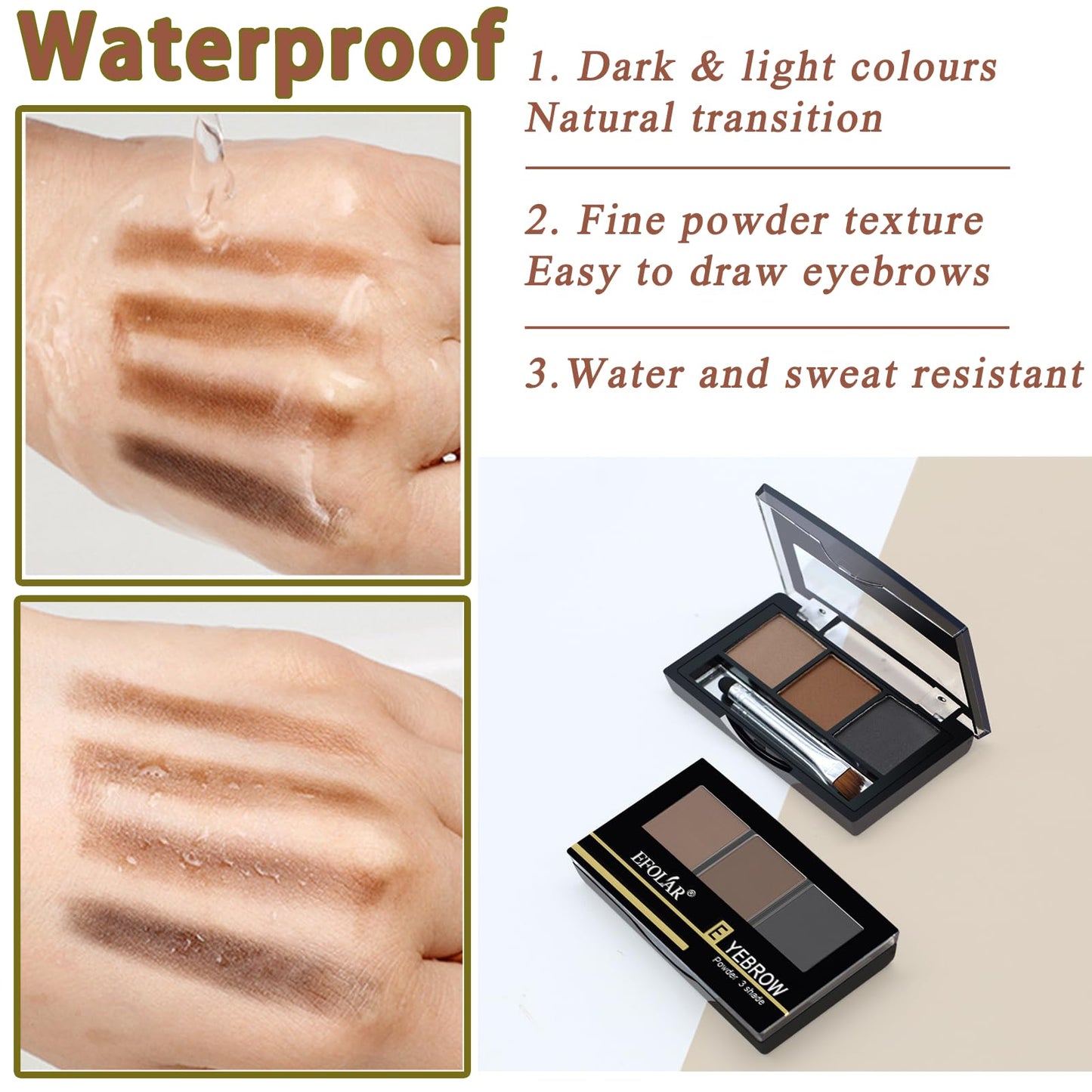 EONFAVE Eyebrow Powder - Three-Color Eyebrow Palette- Eyebrow Pomade - Easy to Apply Eye Makeup kit - Waterproof, sweat-proof, no blooming Long Lasting - Naturally-Looking Brows All Day