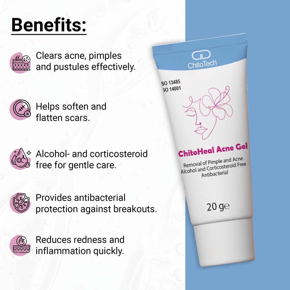ChitoTech ChitoHeal Gel Acne Remedy- 20g Natural Acne Treatment for Pimples, Acne Scars, Alcohol & Corticosteroid Free, N-acetyl-D-Glucosamine for Clear Skin